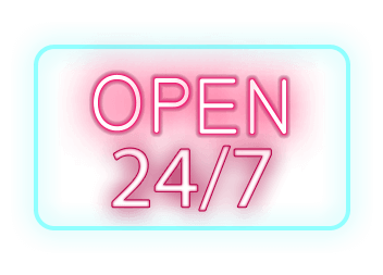 Neon sign saying 'Open 24/7'